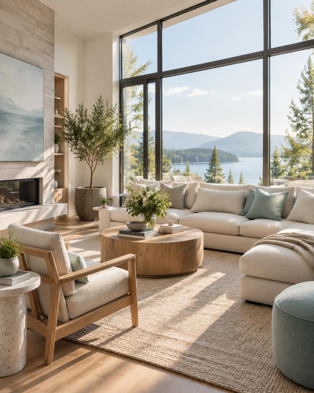 Sunlight filling a pristine living room through clean windows