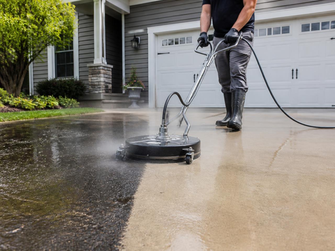 A driveway being powerwashed clean
