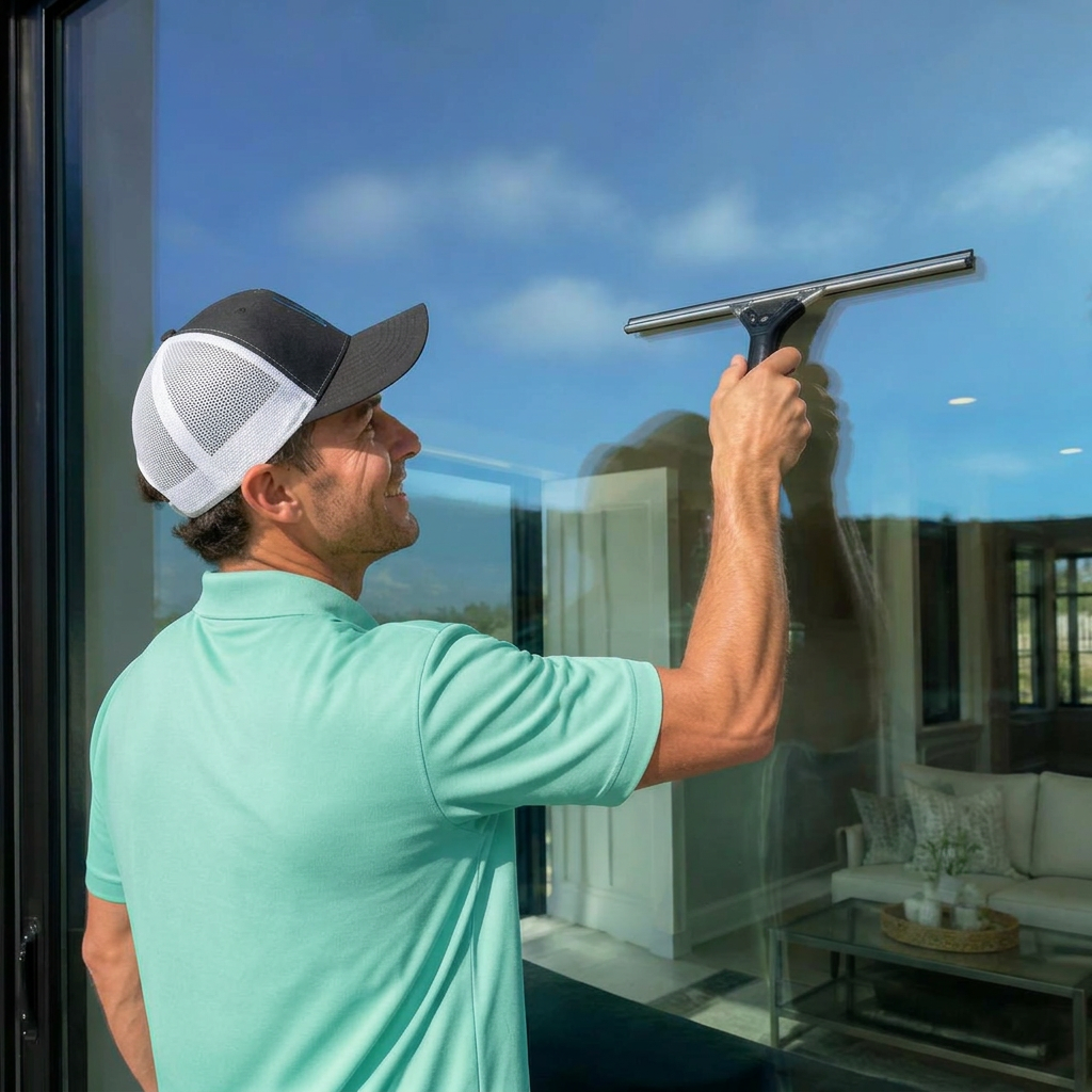 A Serve professional cleaning a large window streak-free